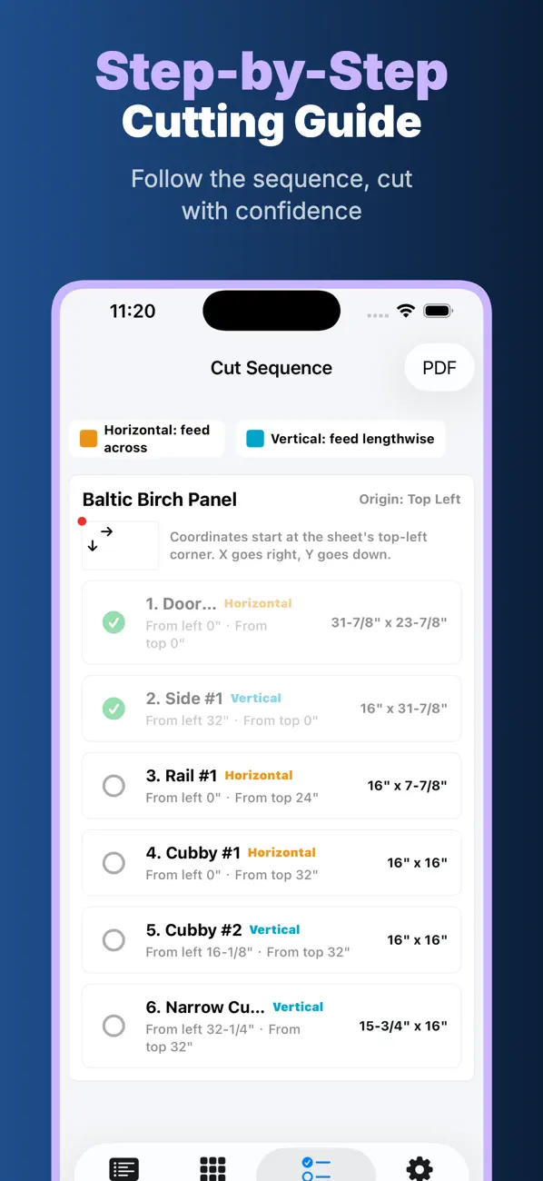 Follow the cutting sequence in the CutList app