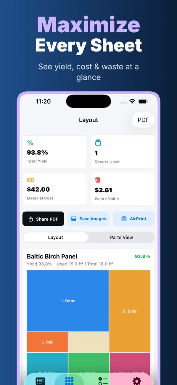 CutList app showing plywood yield, sheet count, material cost, waste value, and visual layout