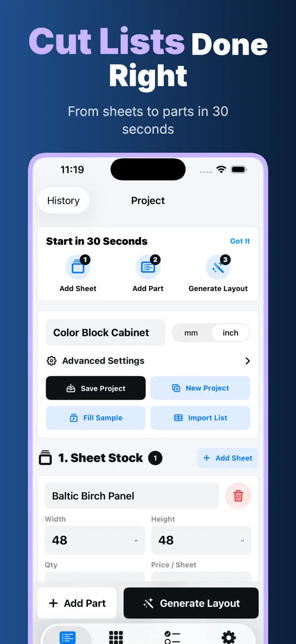 Start a checked cut list in the CutList app
