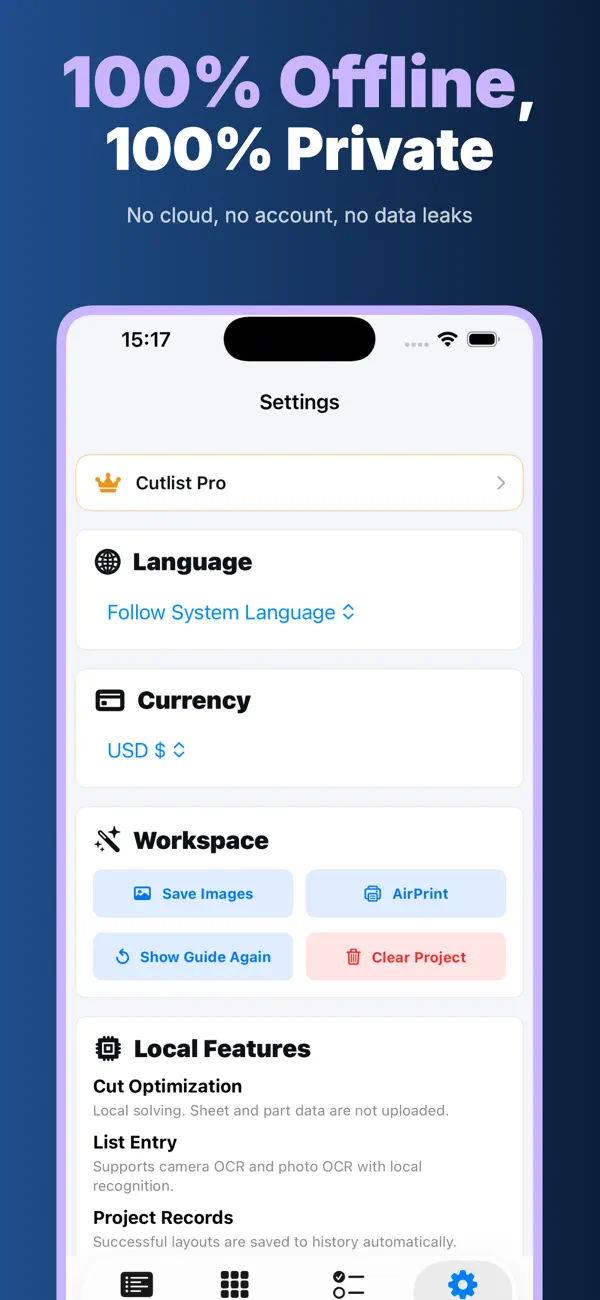Keep project data on device in the CutList app