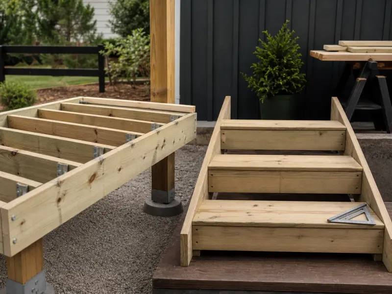 Deck framing and stair layout prepared for construction measurements