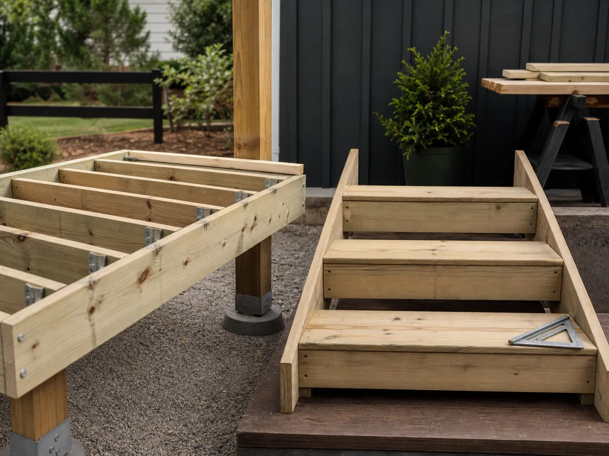 Deck framing and stair layout prepared for a construction-method comparison