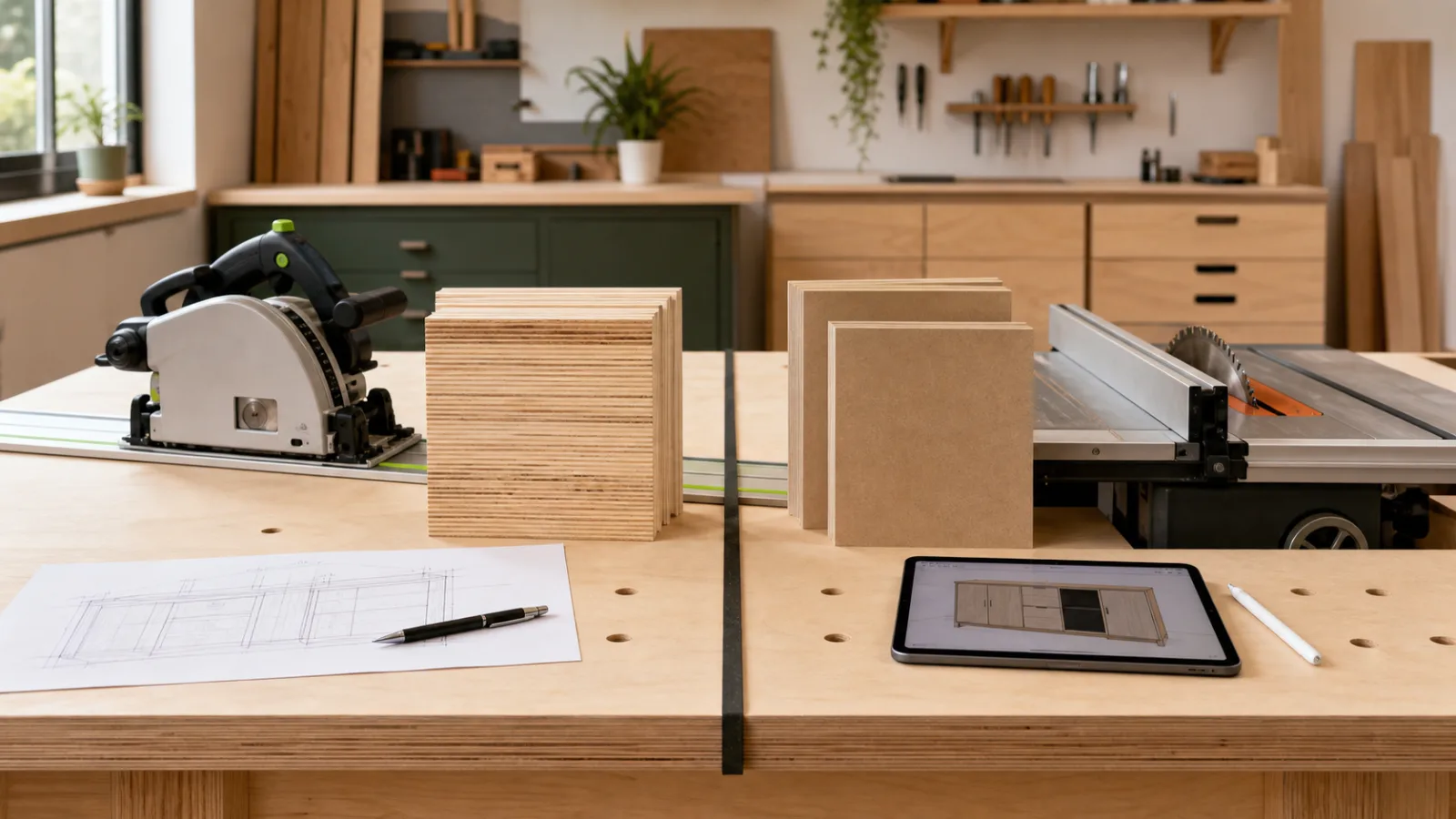 Track saw, table saw, sheet materials, and planning tools arranged for woodworking comparisons