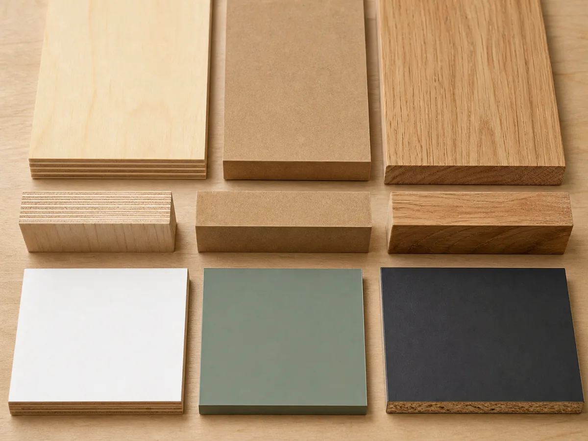 Plywood, MDF, and solid wood samples arranged for a material comparison