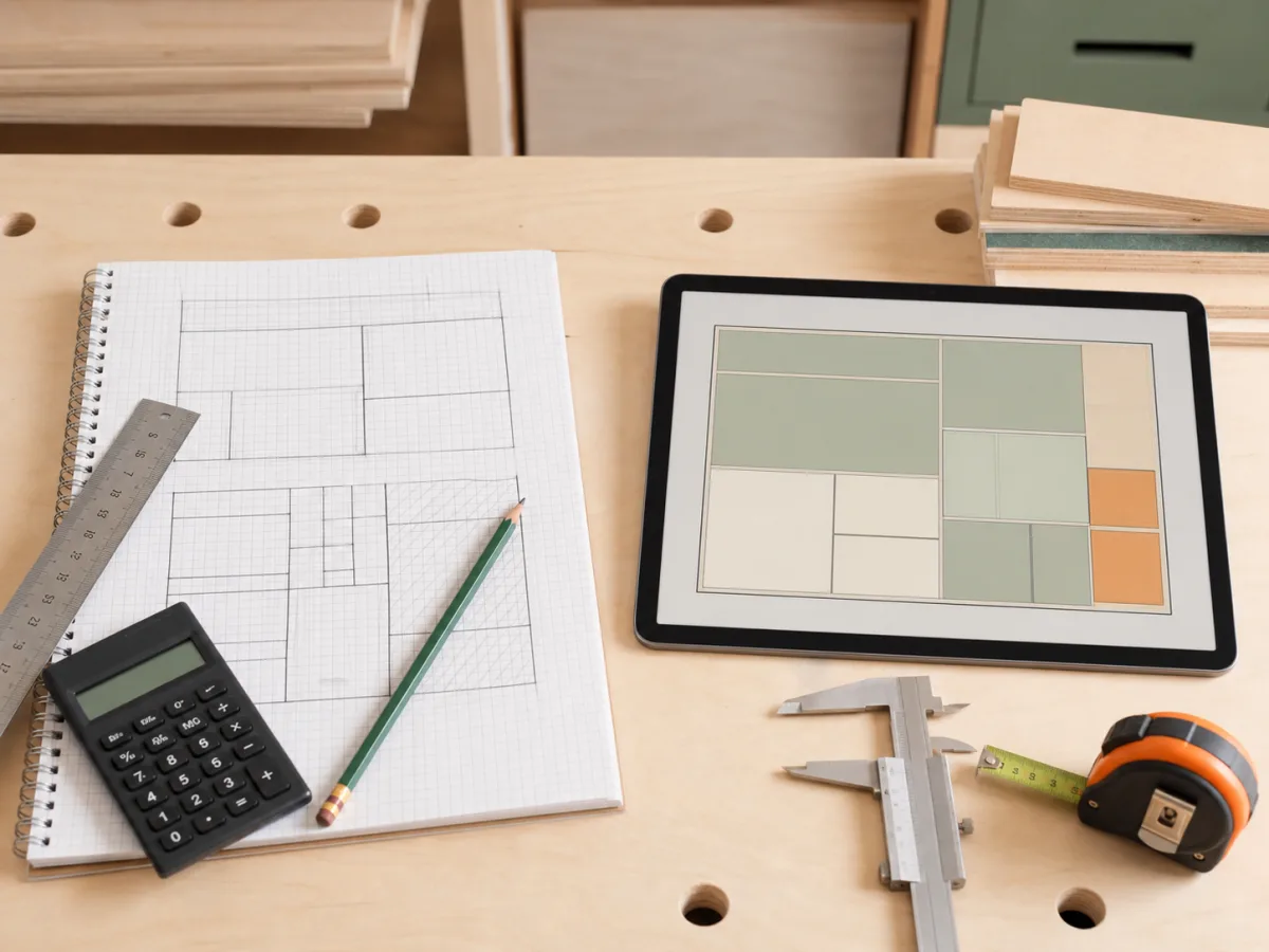 Paper cut plan beside a tablet-based woodworking planning workflow