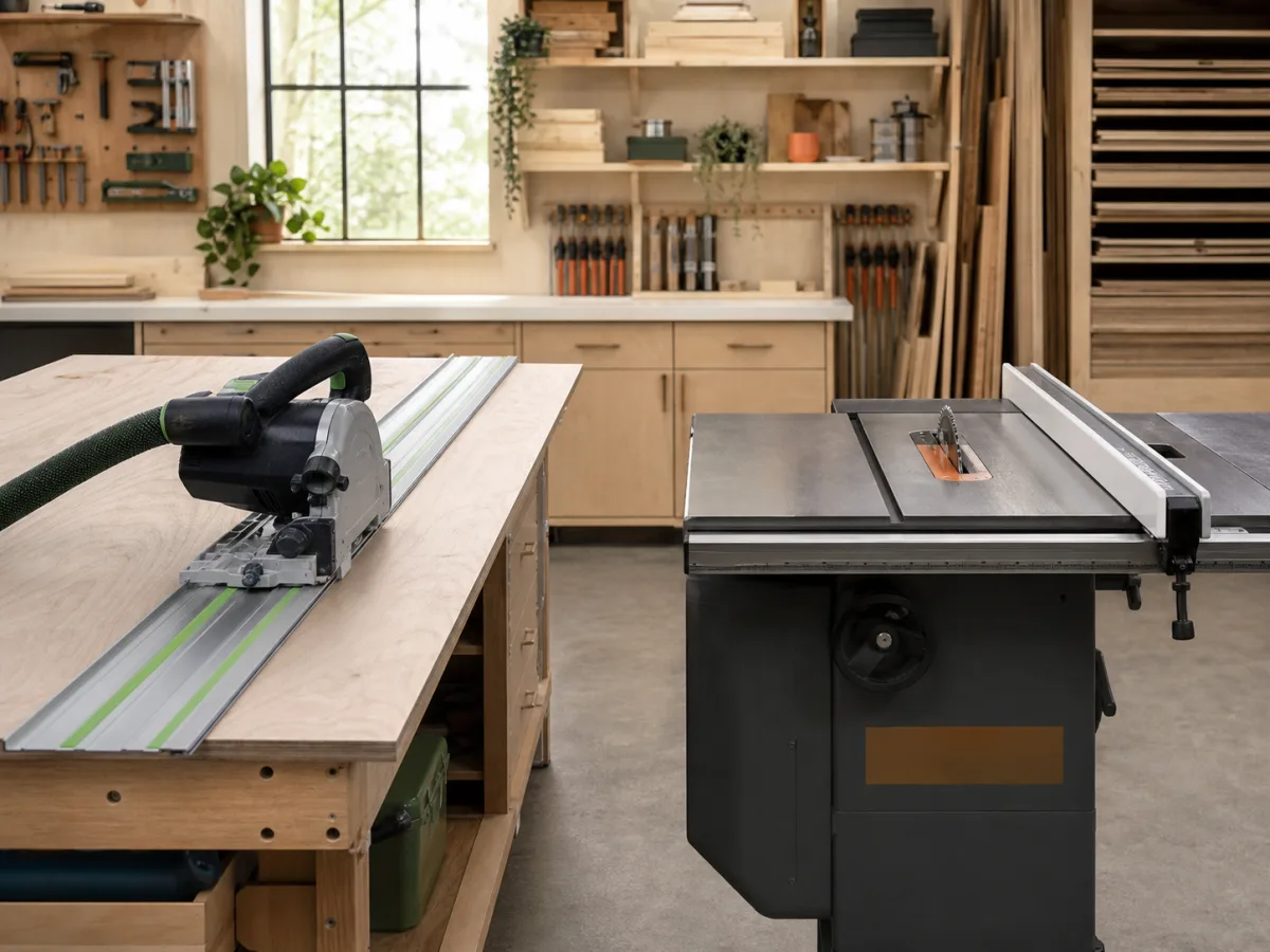 Track saw and table saw set up for a woodworking tool comparison