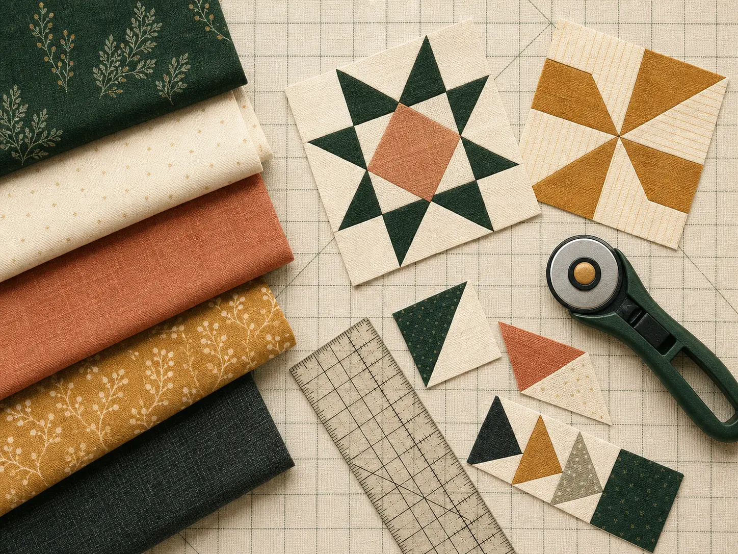 Fabric pieces arranged for a quilt layout comparison