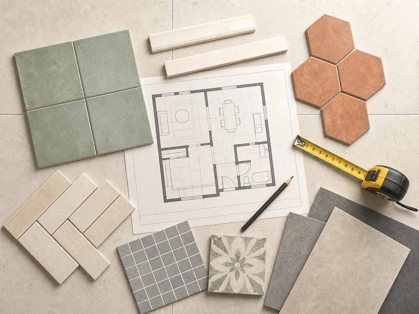 Tile pieces arranged around a measured room layout