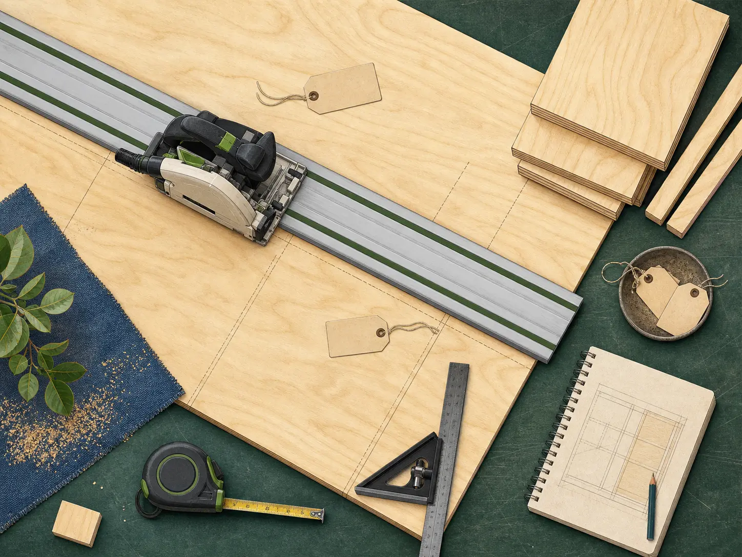 Organized workshop layout with tools, benches, and project planning areas