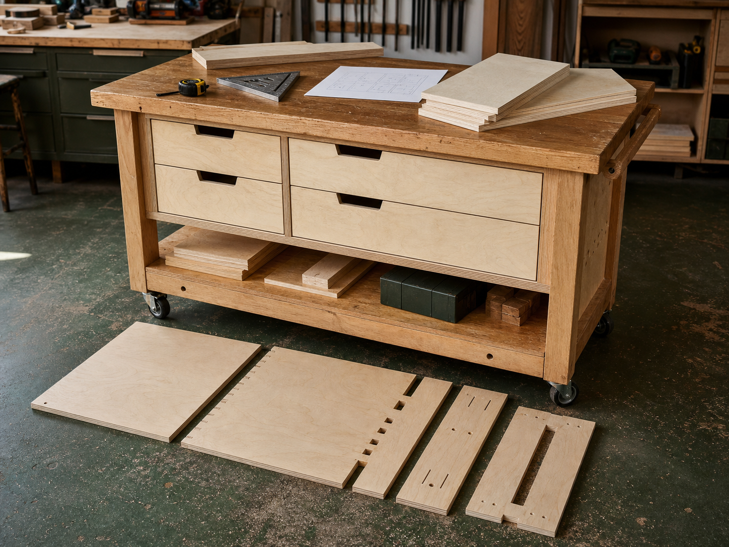 Mobile workbench cut list plywood project template