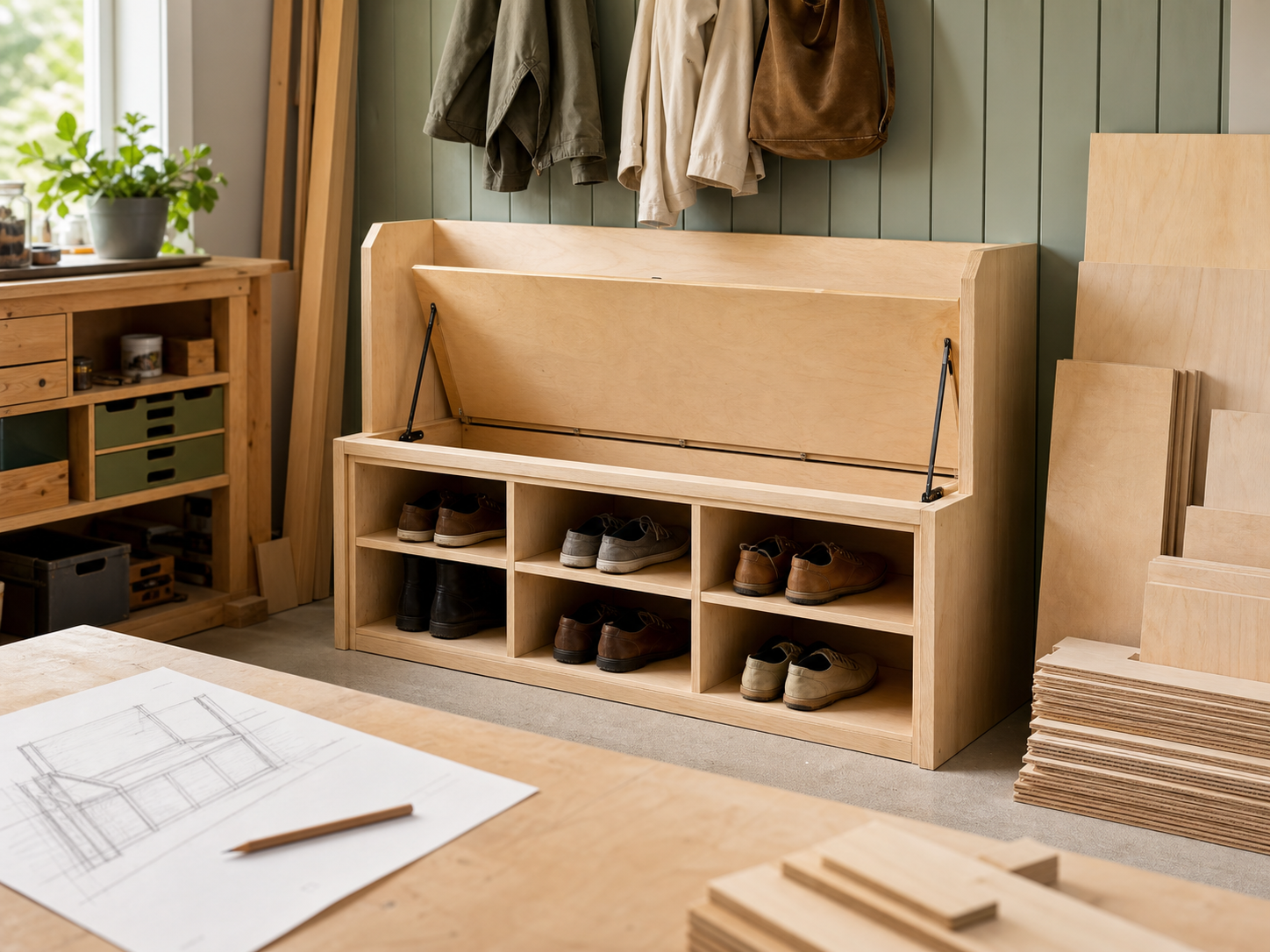 Mudroom bench cut list plywood project template