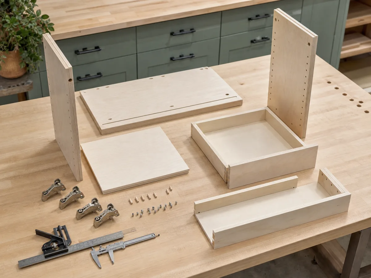 Cabinet panels, drawer parts, and hardware organized for assembly