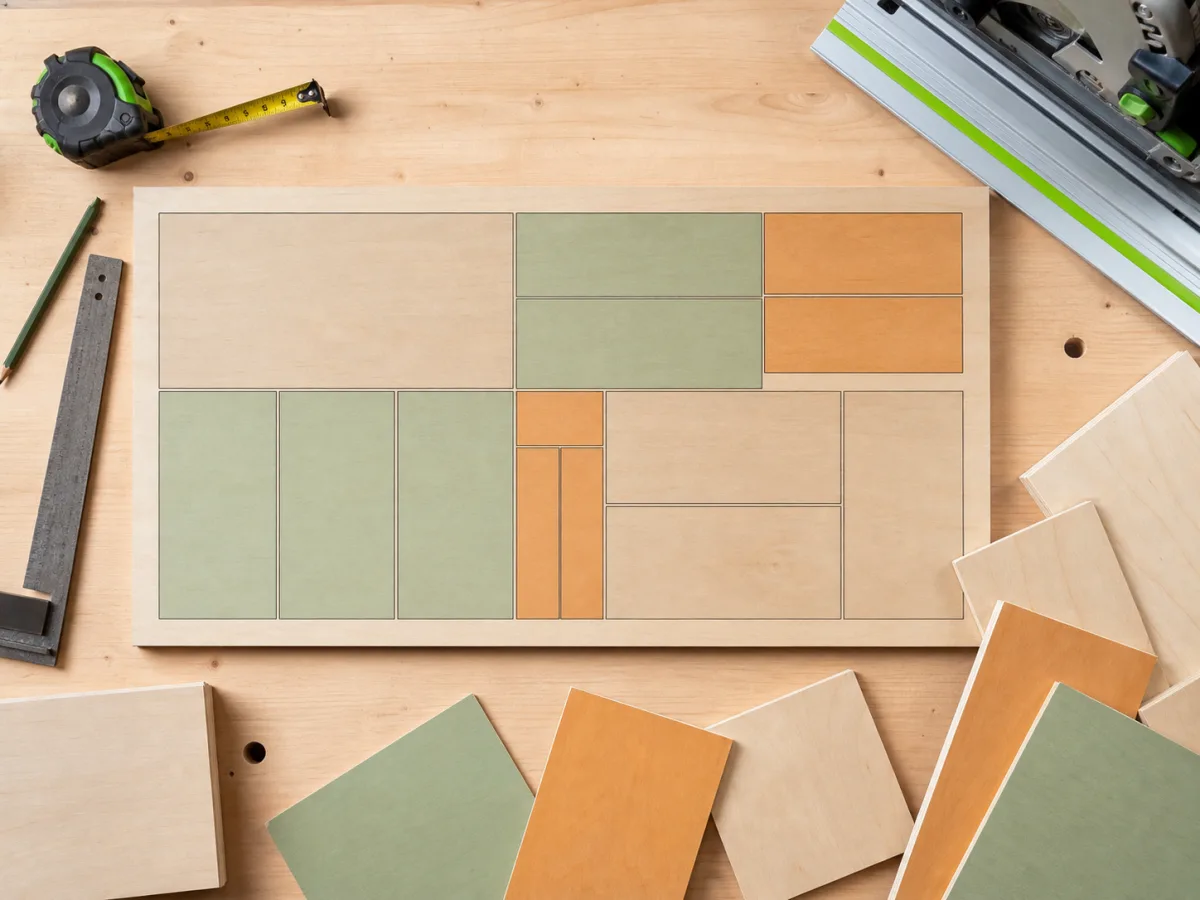 Sheet goods and cabinet parts arranged around a measured cutting plan