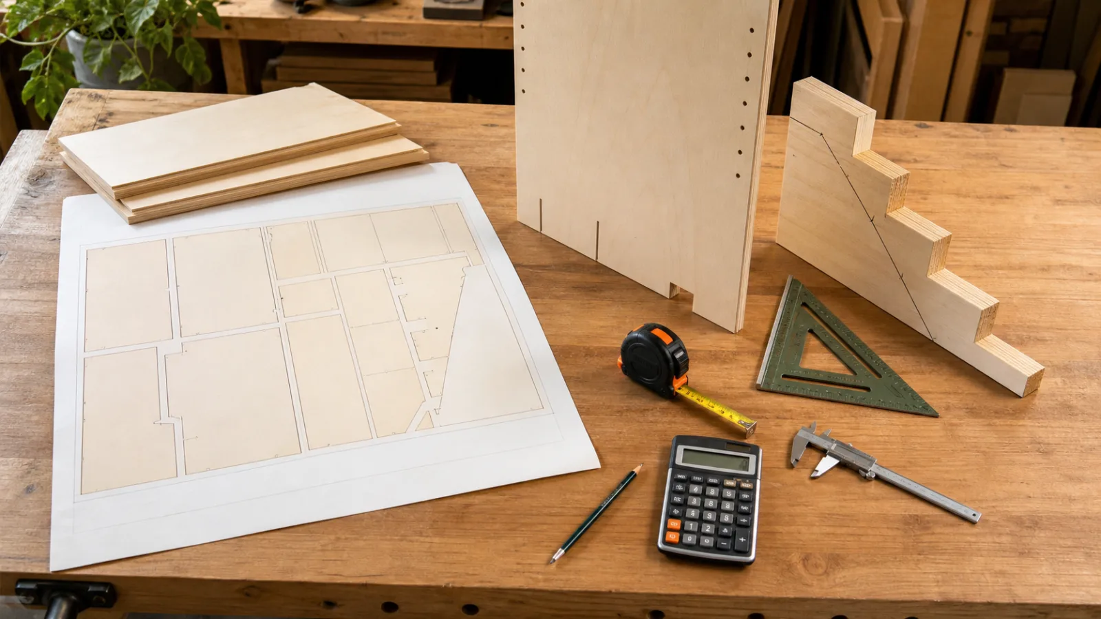 Woodworking calculators represented by measured boards, plywood parts, hand tools, and a digital cut plan