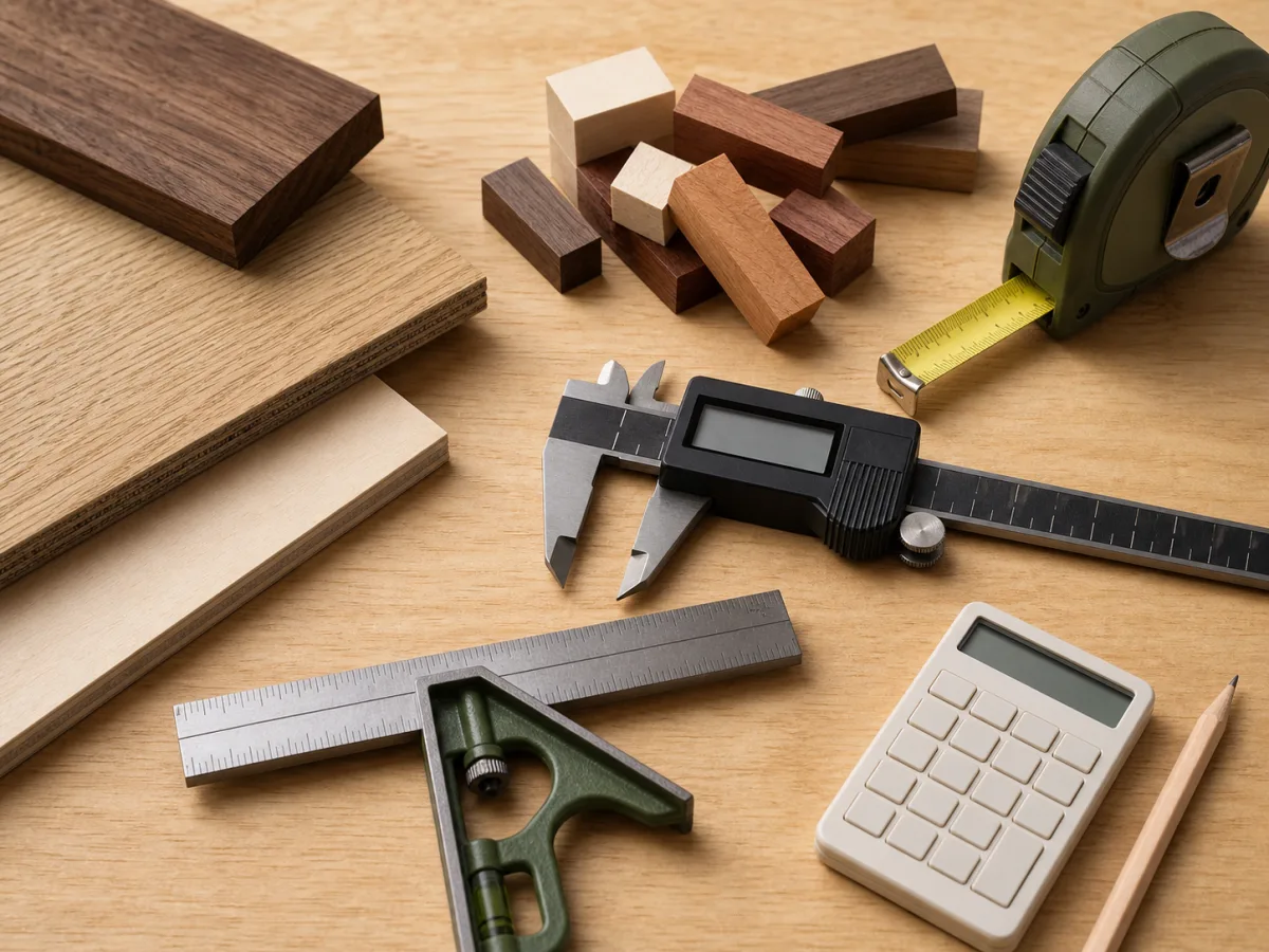 Wood samples, measuring tools, and material notes arranged on a workbench