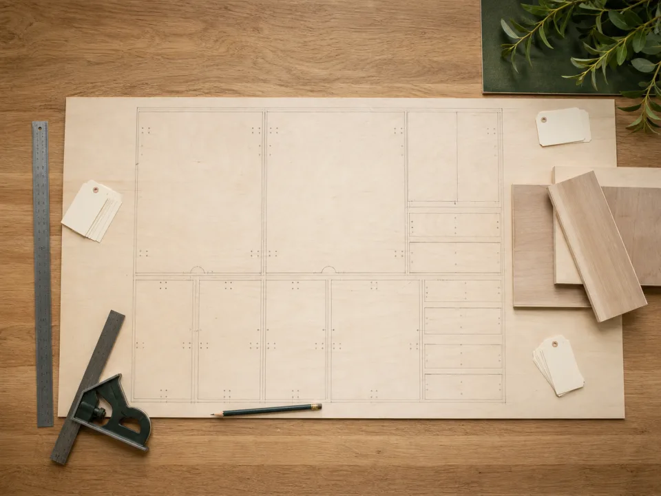 Plywood sheet with an organized cut layout and measured parts for Cut List Optimizer