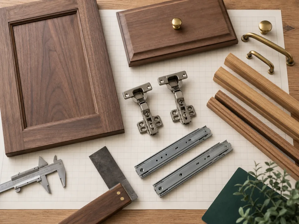 Cabinet door components, wood samples, hinges, and hardware on a worktable for Estimating Project Cost: Materials and Hardware