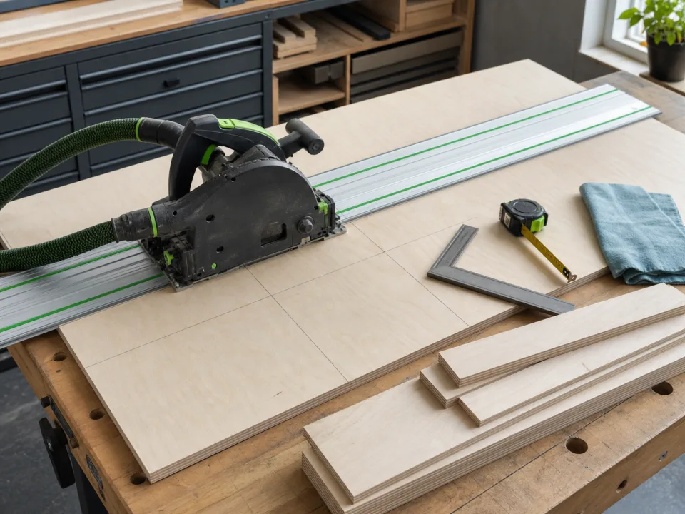 Track saw positioned on plywood beside measuring and planning tools for Cut List Software