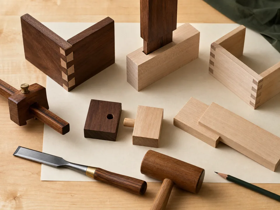 Wood joinery samples arranged for a woodworking project review for Estimating Project Cost: Materials and Hardware