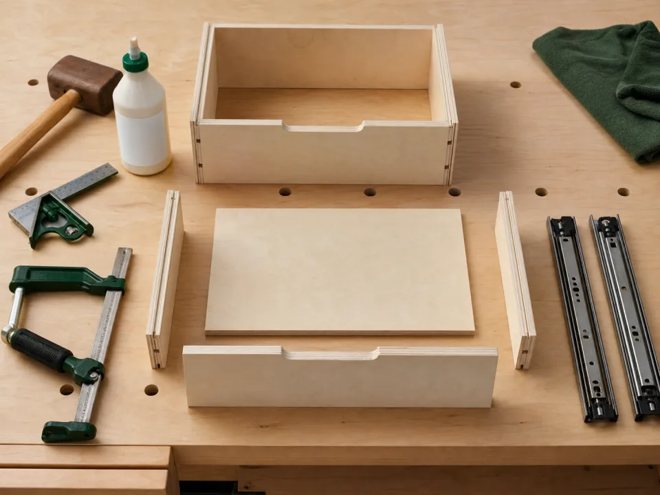 Drawer box parts and tools prepared for cabinet assembly for Kitchen Cabinet Sheet Count Estimate
