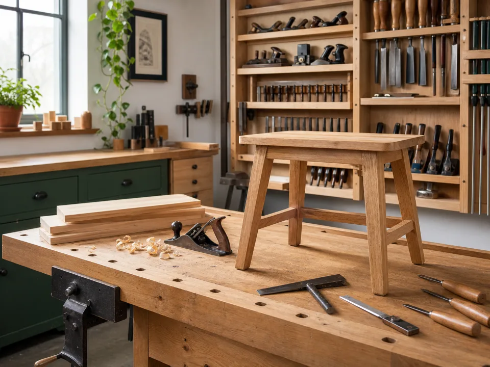 Organized woodworking bench ready for a project playbook
