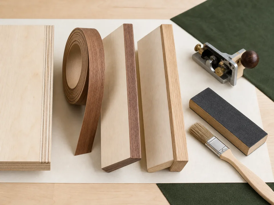 Plywood edge-banding materials and trimming tools on a workbench for Edgebanding Material Estimate Guide
