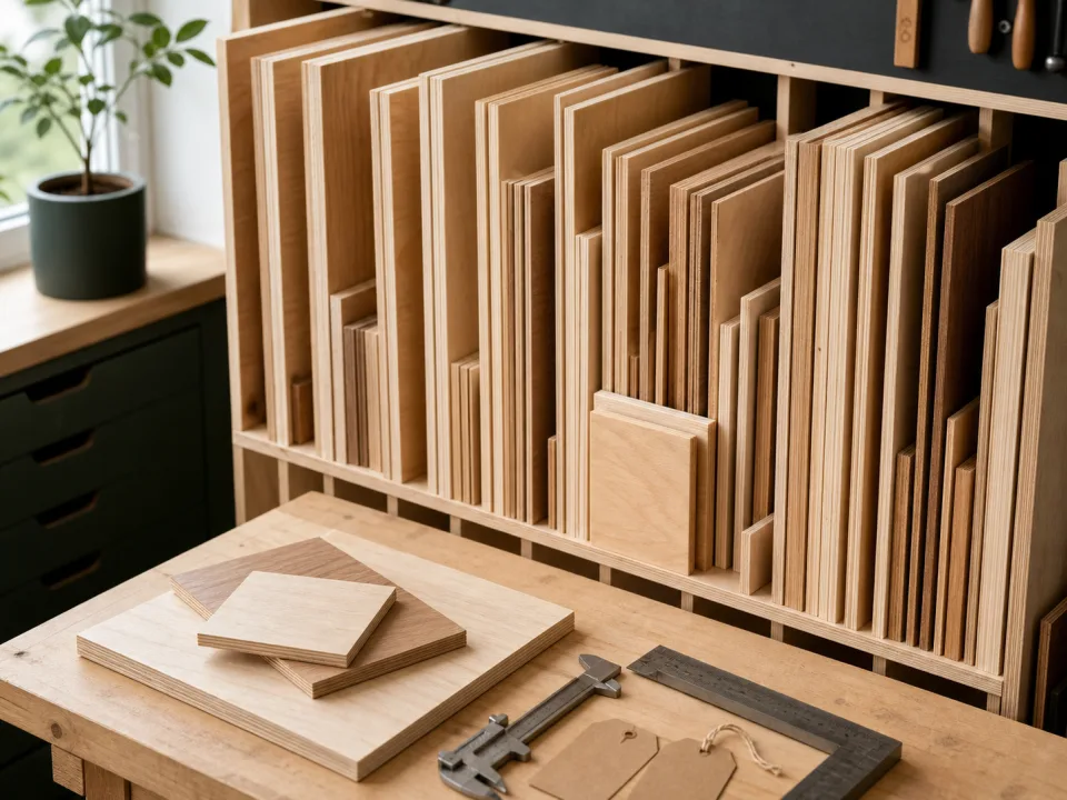 Organized plywood and lumber offcuts stored for reuse for Cut List Optimizer