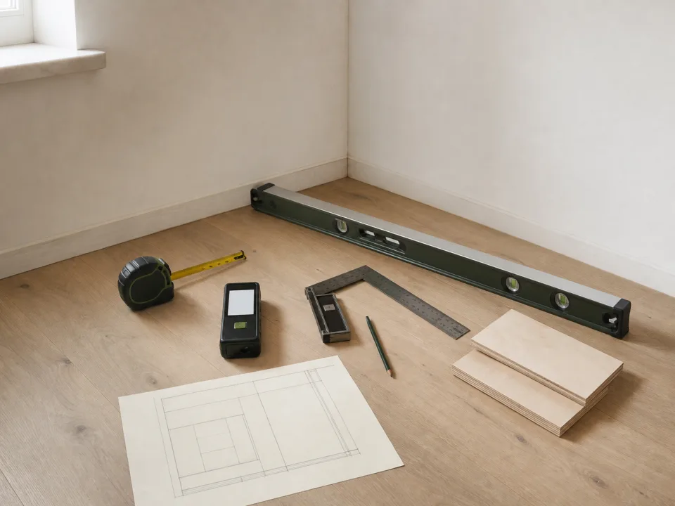 Carpentry site measurements, notebook, and wood samples for project planning for Installer Punch-List Closeout Workflow